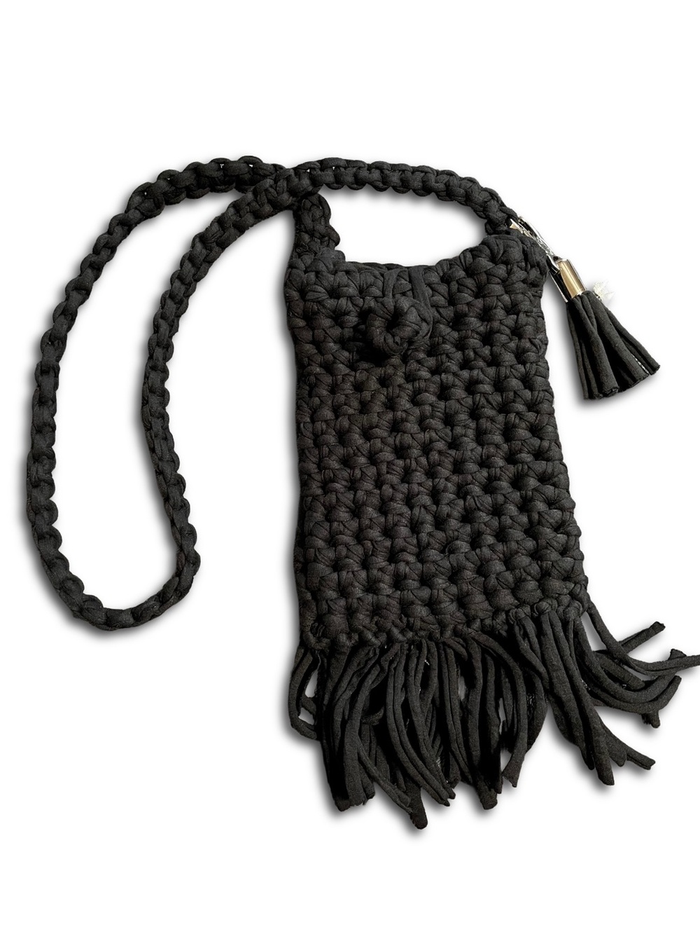 Contessa Black Boho Macrame Fringe Crossbody Bag Crochet Mini Shoulder Purse